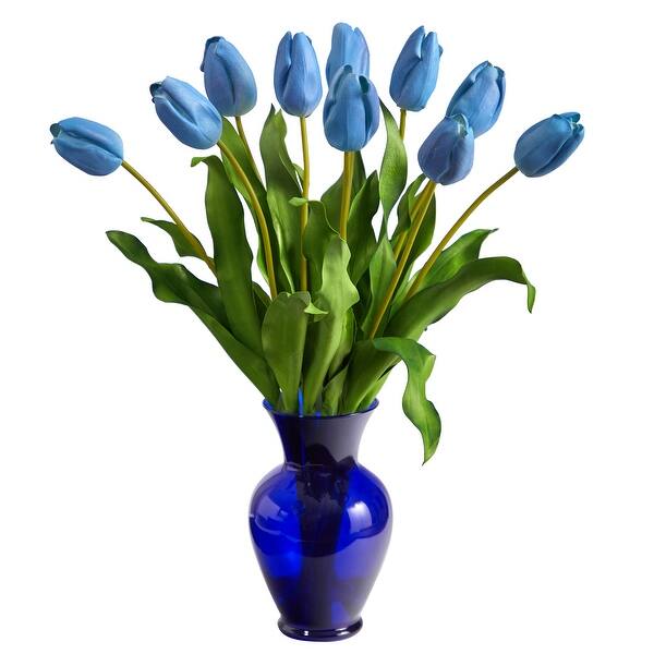 22" Dutch Tulip Artificial Arrangement in Blue Colored Vase Height